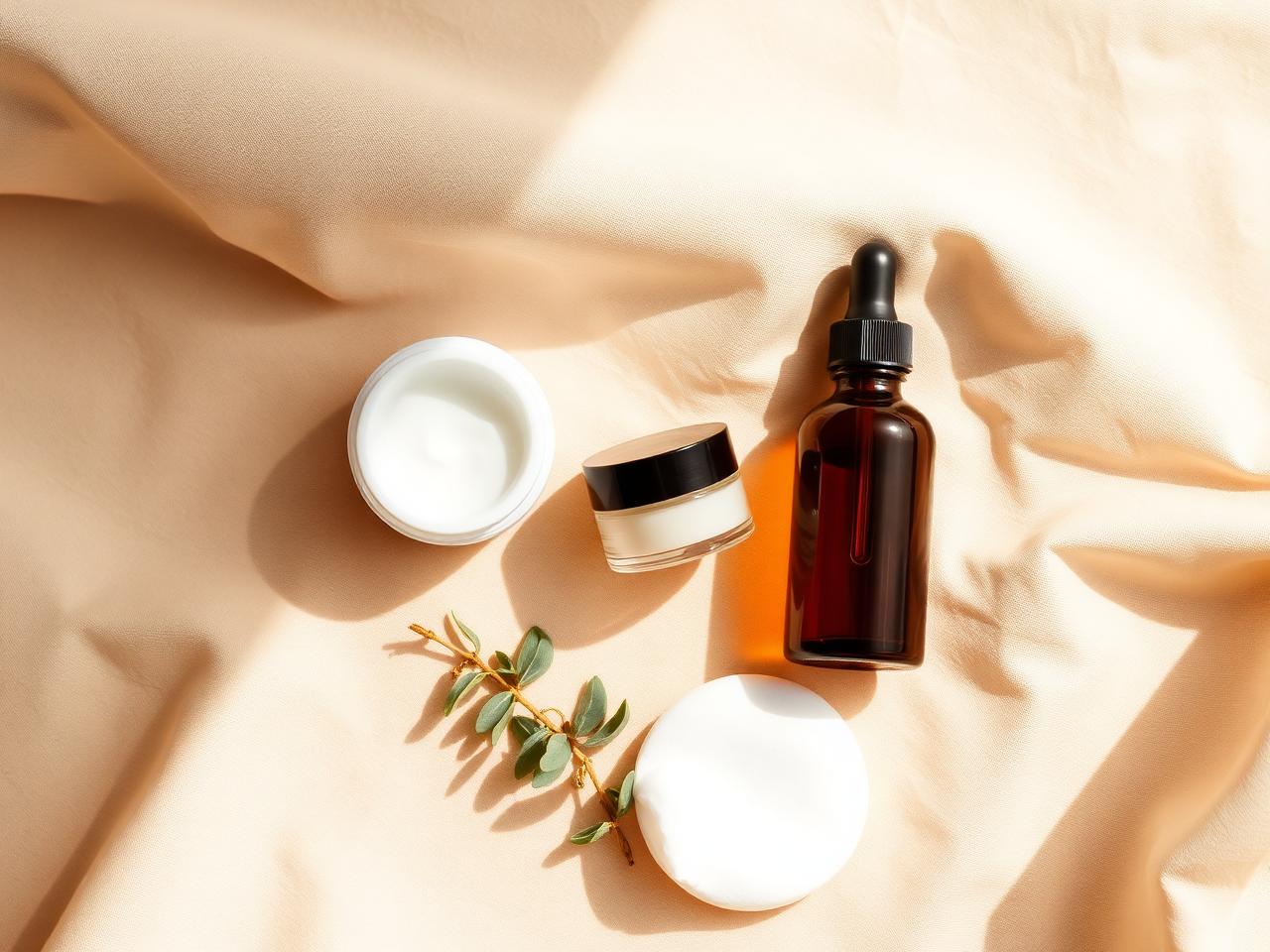 Professional skincare products on warm beige linen